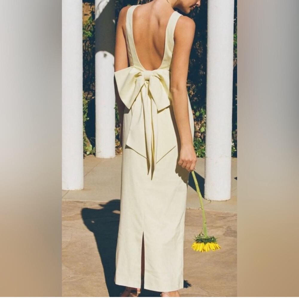 ALB Anne Louise Bow Back Butter Yellow Long Dress Sz S Elegant Classy